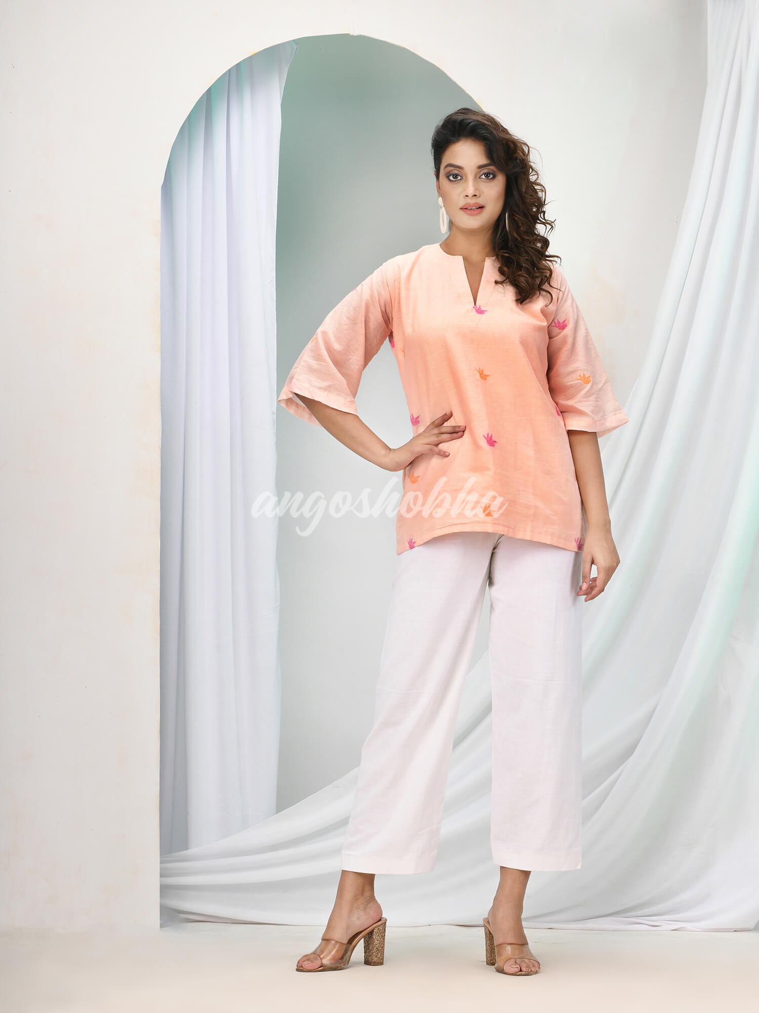 Peach Cotton Bengal Handwoven Kurta Set