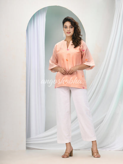 Peach Cotton Bengal Handwoven Kurta Set