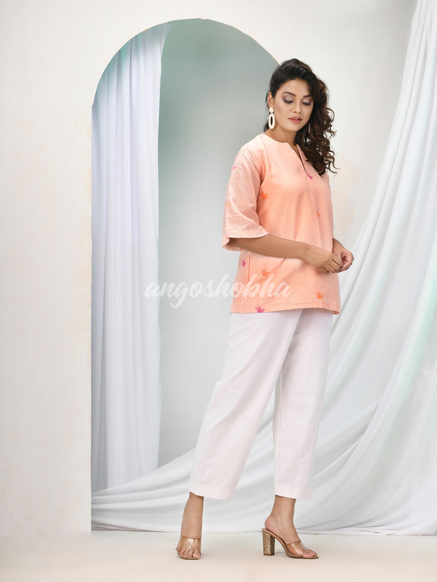 Peach Cotton Bengal Handwoven Kurta Set