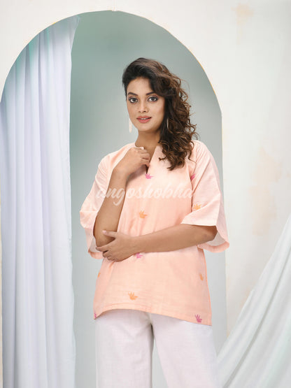 Peach Cotton Bengal Handwoven Kurta Set