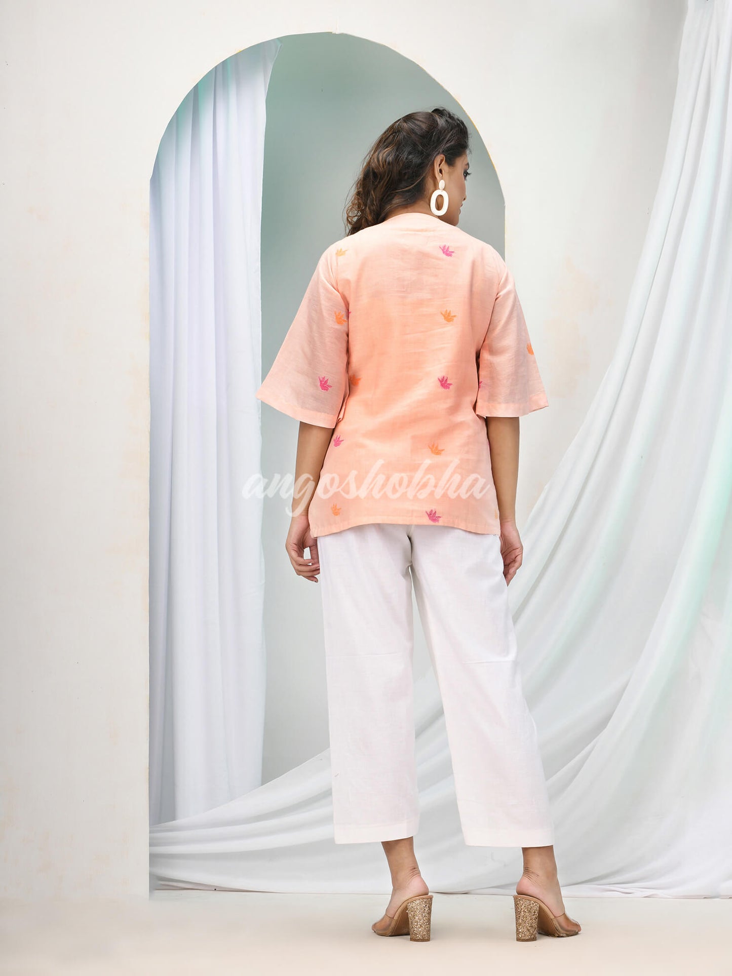 Peach Cotton Bengal Handwoven Kurta Set