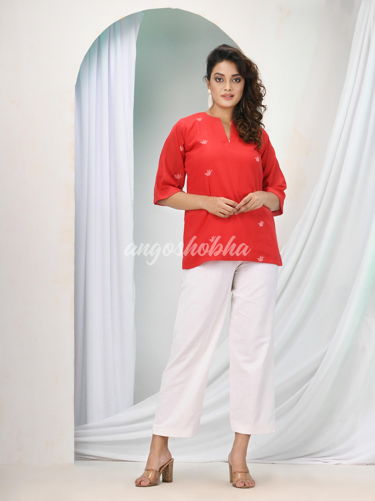 Red Cotton Bengal Handwoven Kurta Set