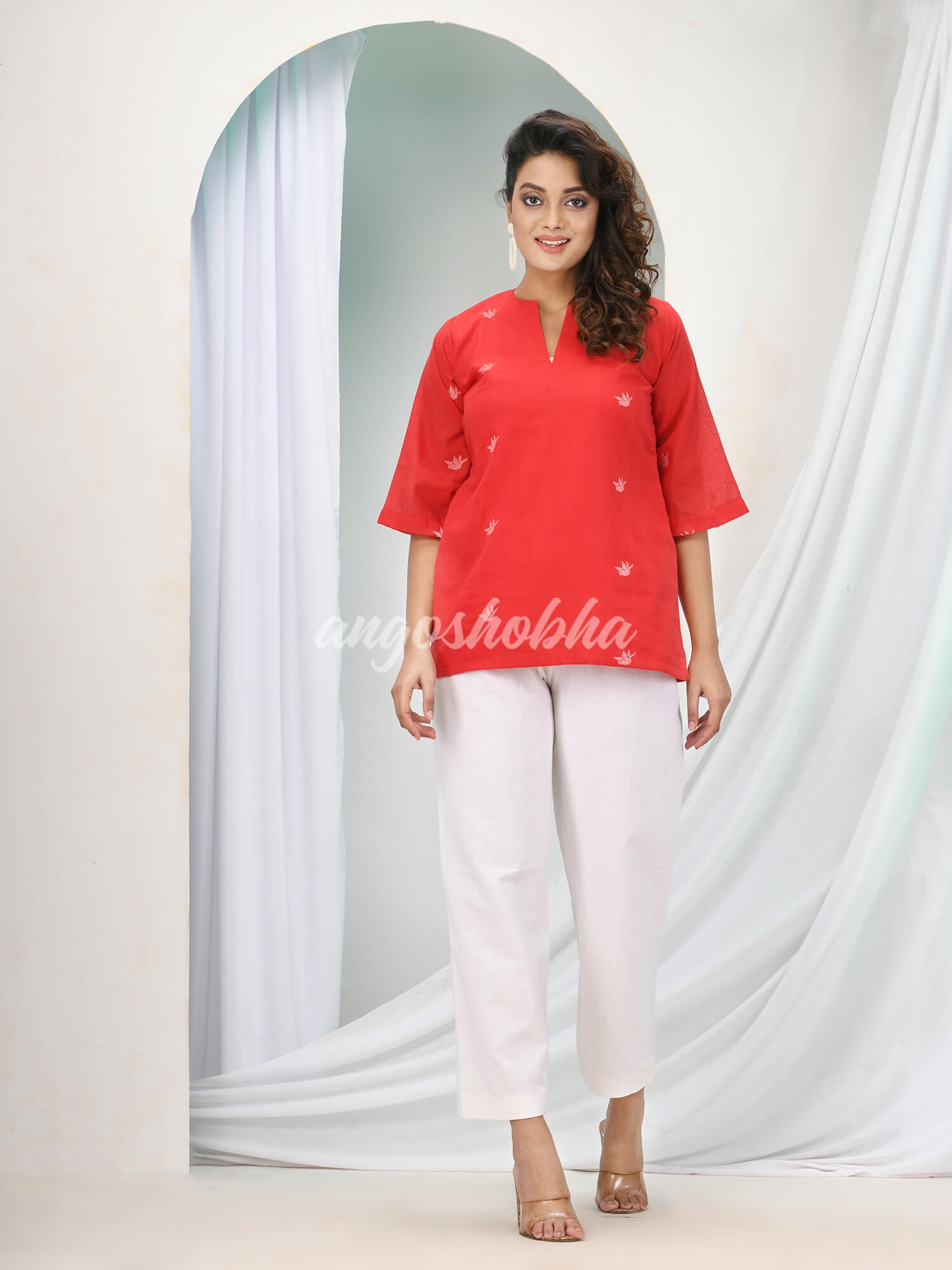 Red Cotton Bengal Handwoven Kurta Set