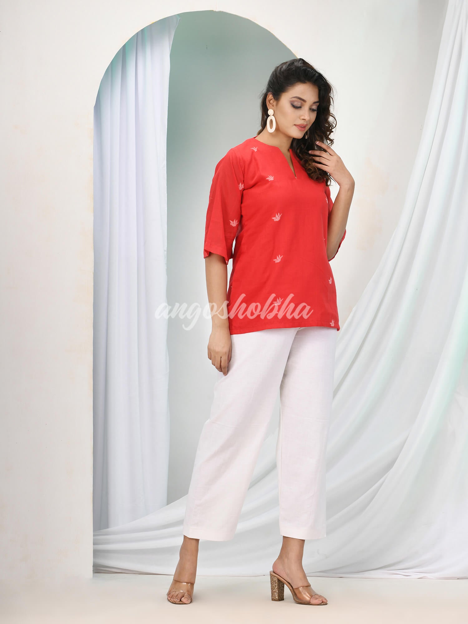 Red Cotton Bengal Handwoven Kurta Set