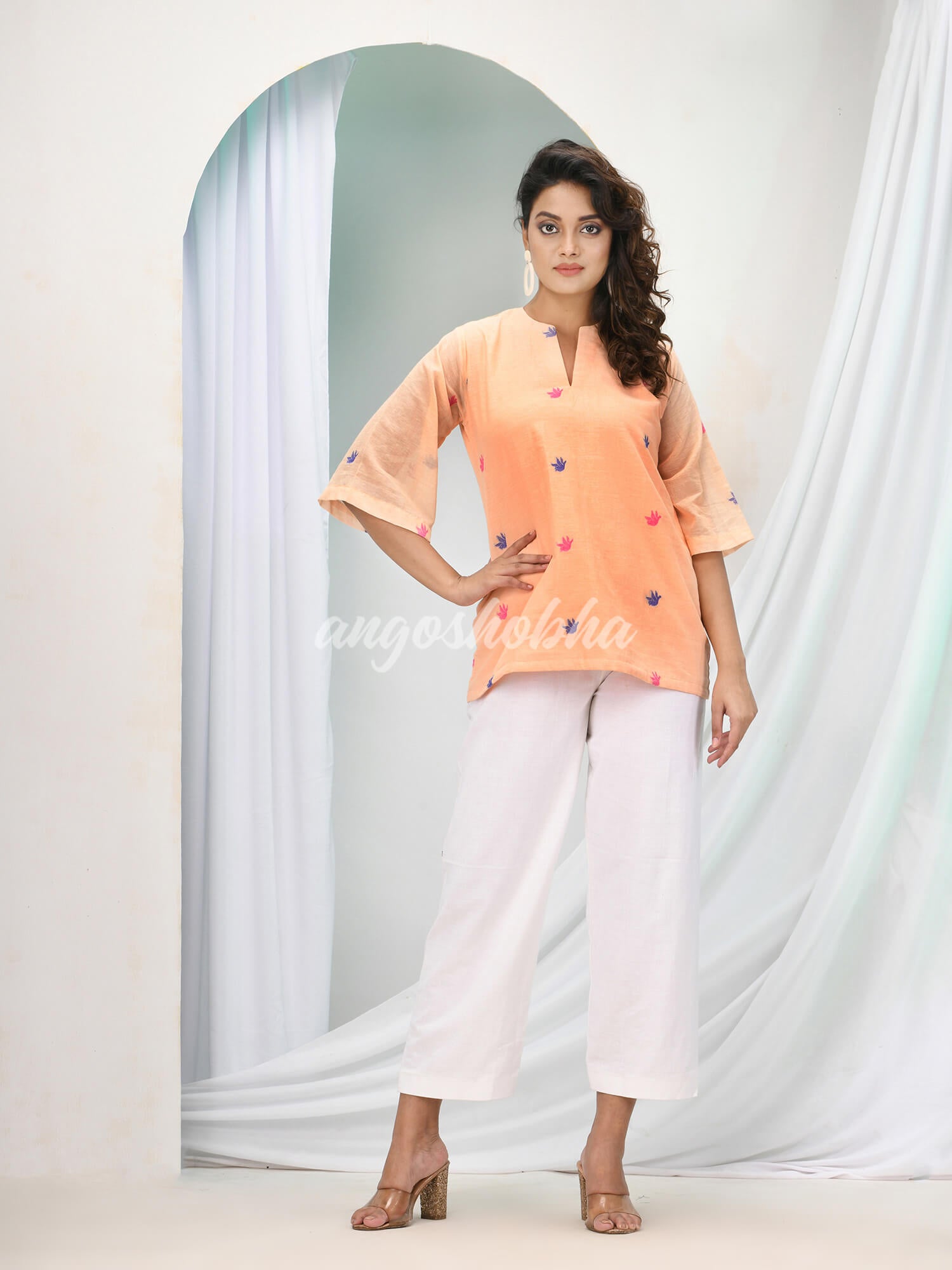 Deep Peach Cotton Bengal Handwoven Kurta Set