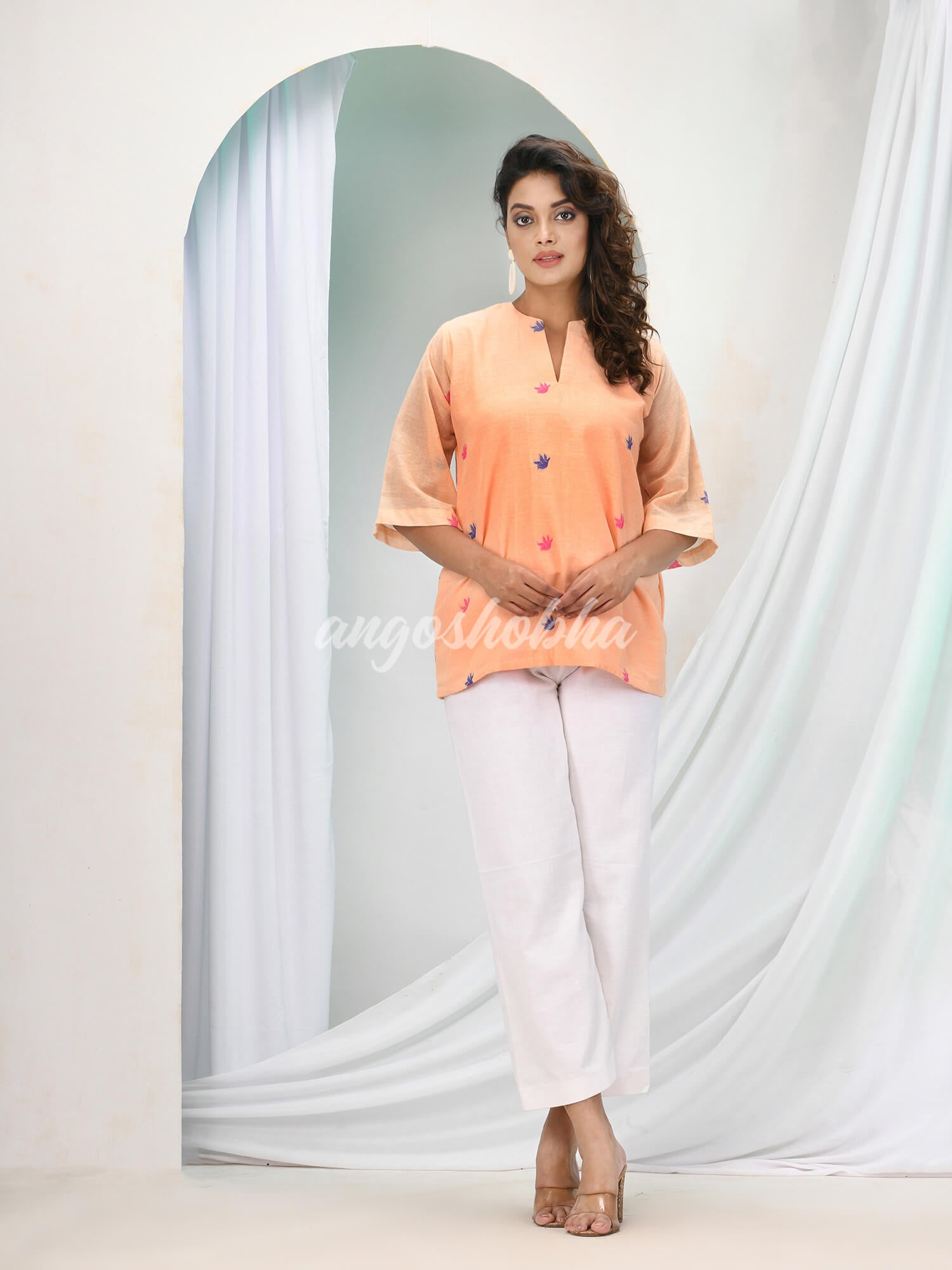 Deep Peach Cotton Bengal Handwoven Kurta Set