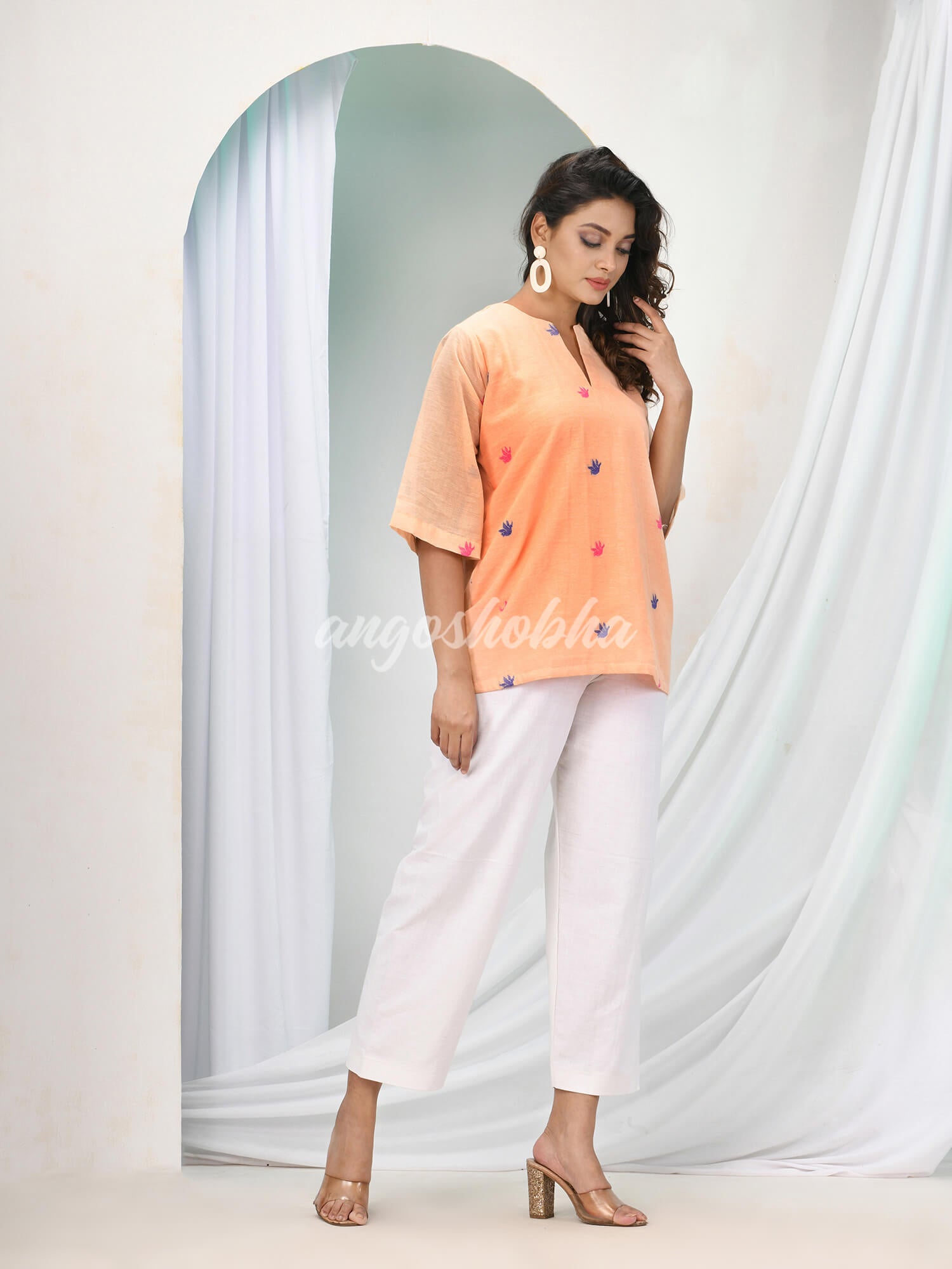 Deep Peach Cotton Bengal Handwoven Kurta Set
