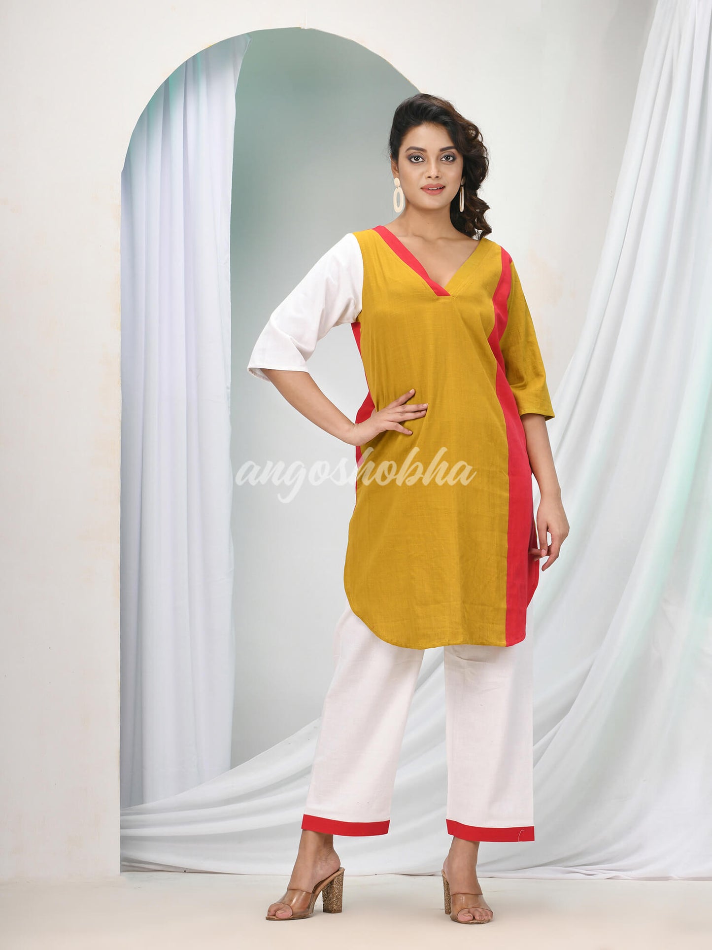 Dark Mustard Cotton Bengal Handwoven Kurta Set