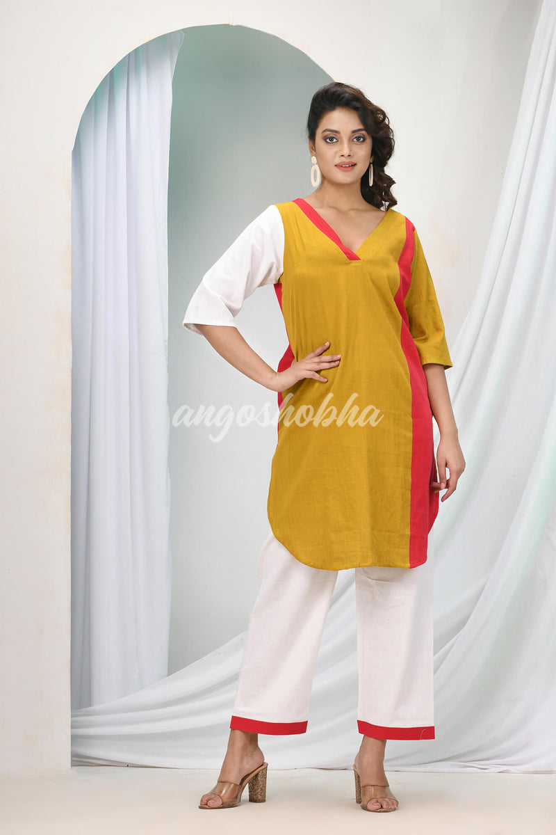 Dark Mustard Cotton Bengal Handwoven Kurta Set