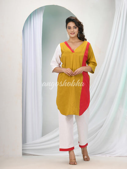 Dark Mustard Cotton Bengal Handwoven Kurta Set