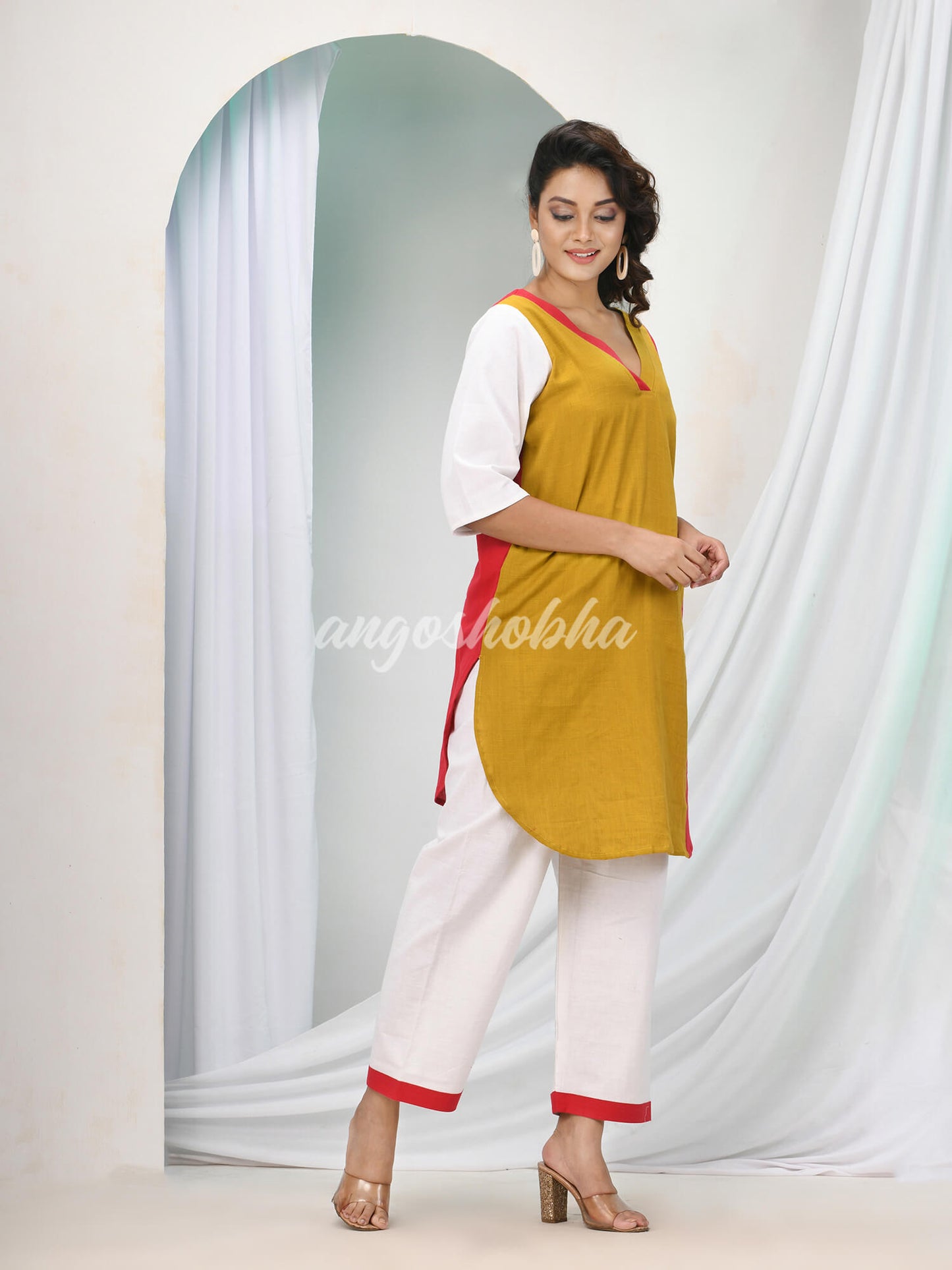 Dark Mustard Cotton Bengal Handwoven Kurta Set