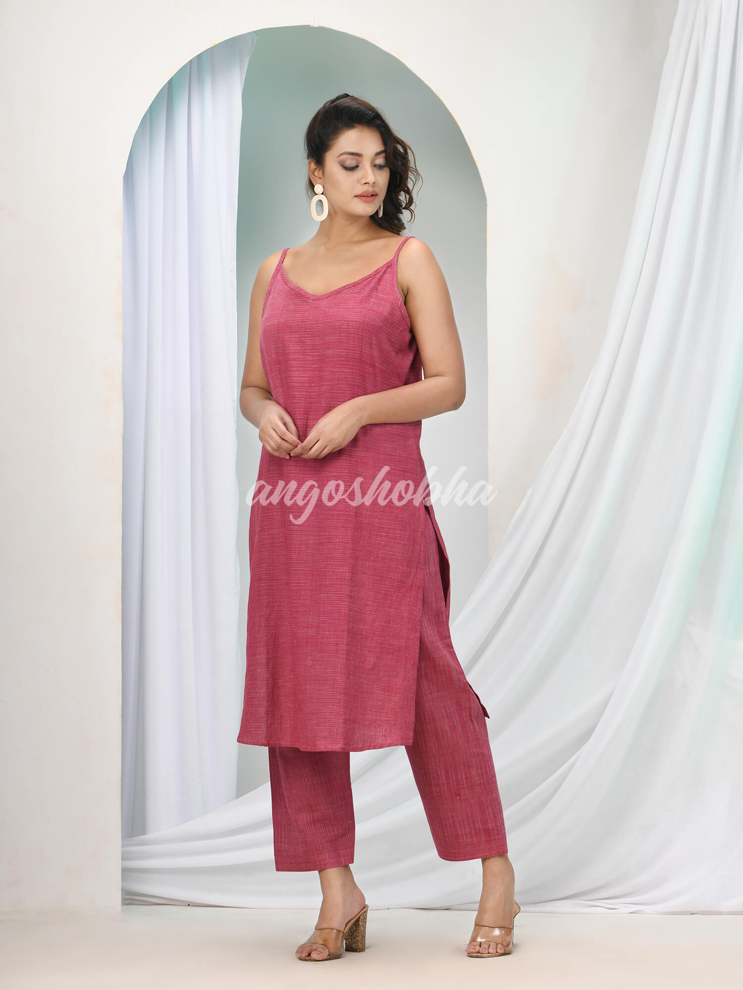 Magenta Cotton Bengal Handwoven Kurta Set