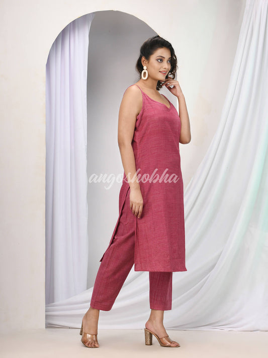 Magenta Cotton Bengal Handwoven Kurta Set