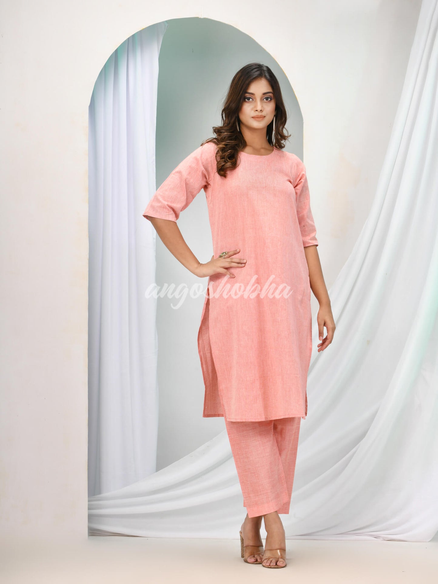 Peach Cotton Bengal Handwoven Kurta Set