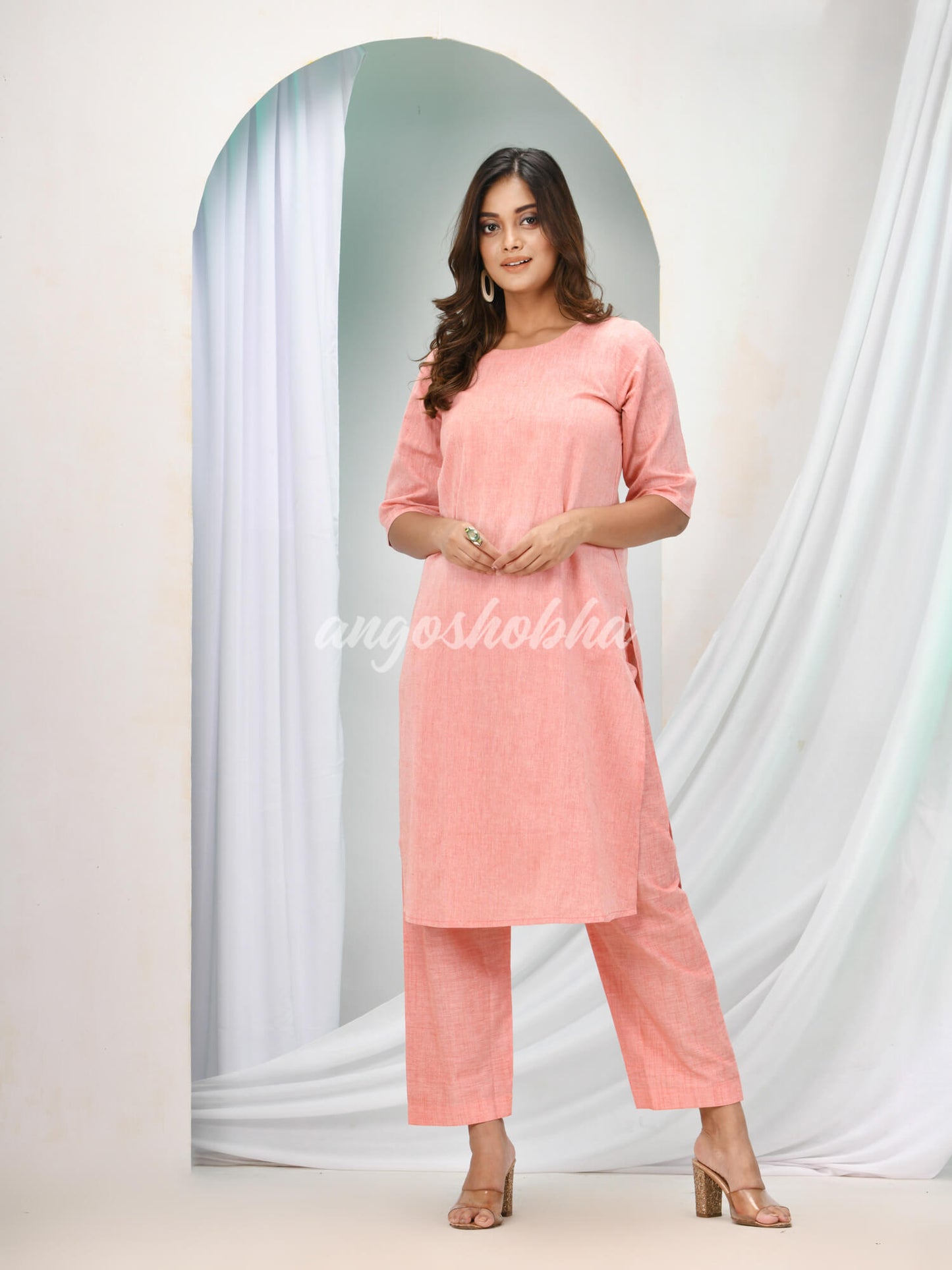 Peach Cotton Bengal Handwoven Kurta Set