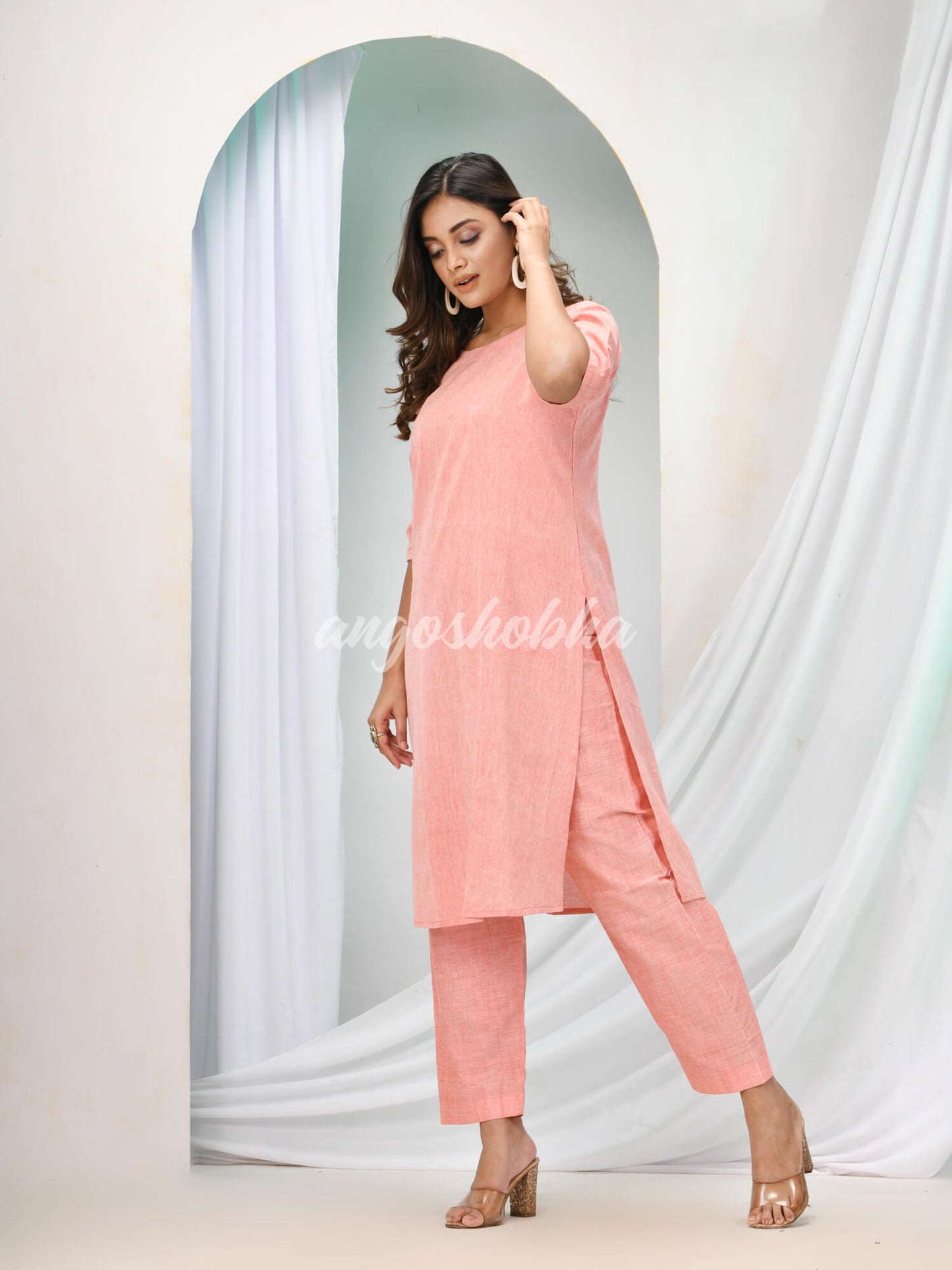 Peach Cotton Bengal Handwoven Kurta Set