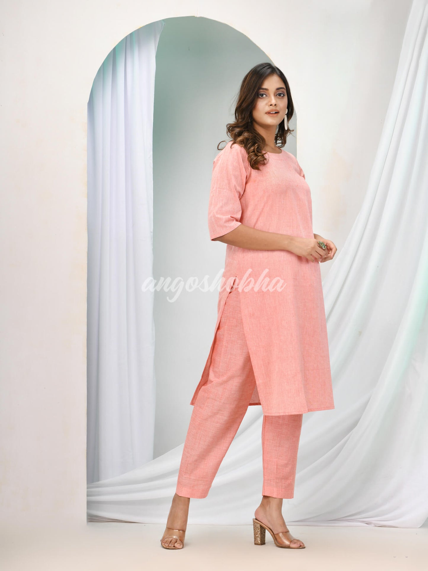 Peach Cotton Bengal Handwoven Kurta Set