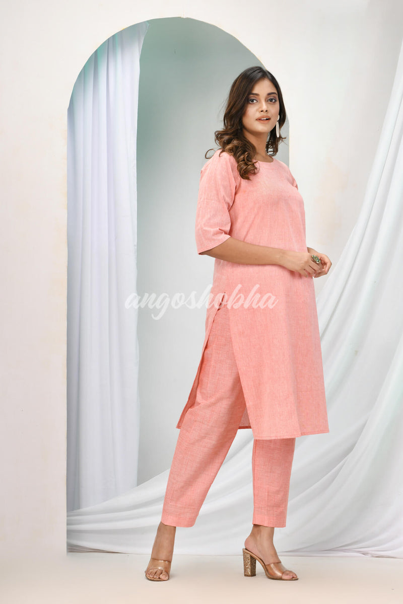 Peach Cotton Bengal Handwoven Kurta Set