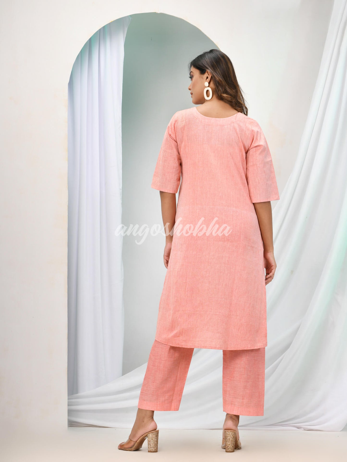 Peach Cotton Bengal Handwoven Kurta Set