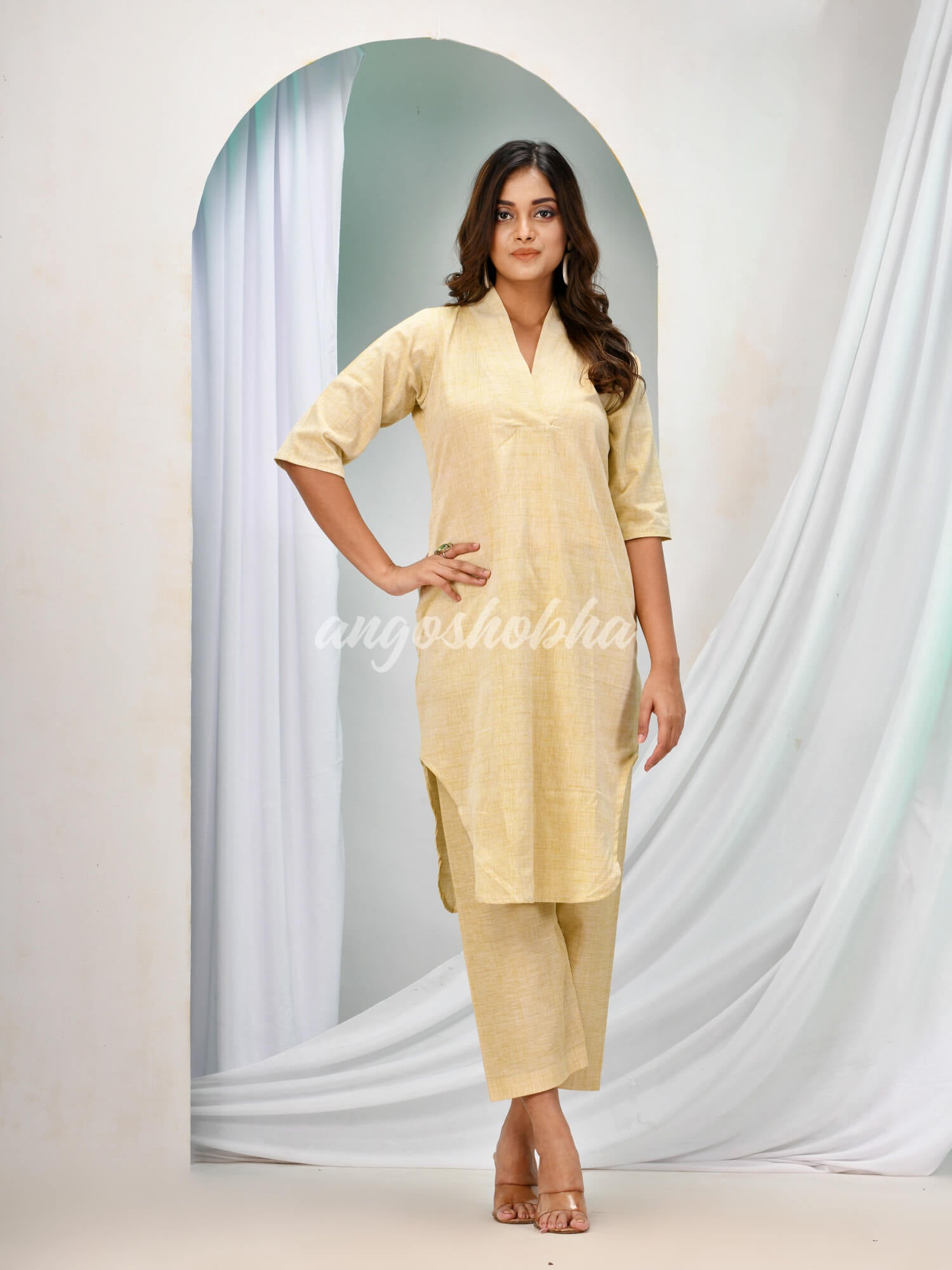 Beige Cotton Bengal Handwoven Kurta Set