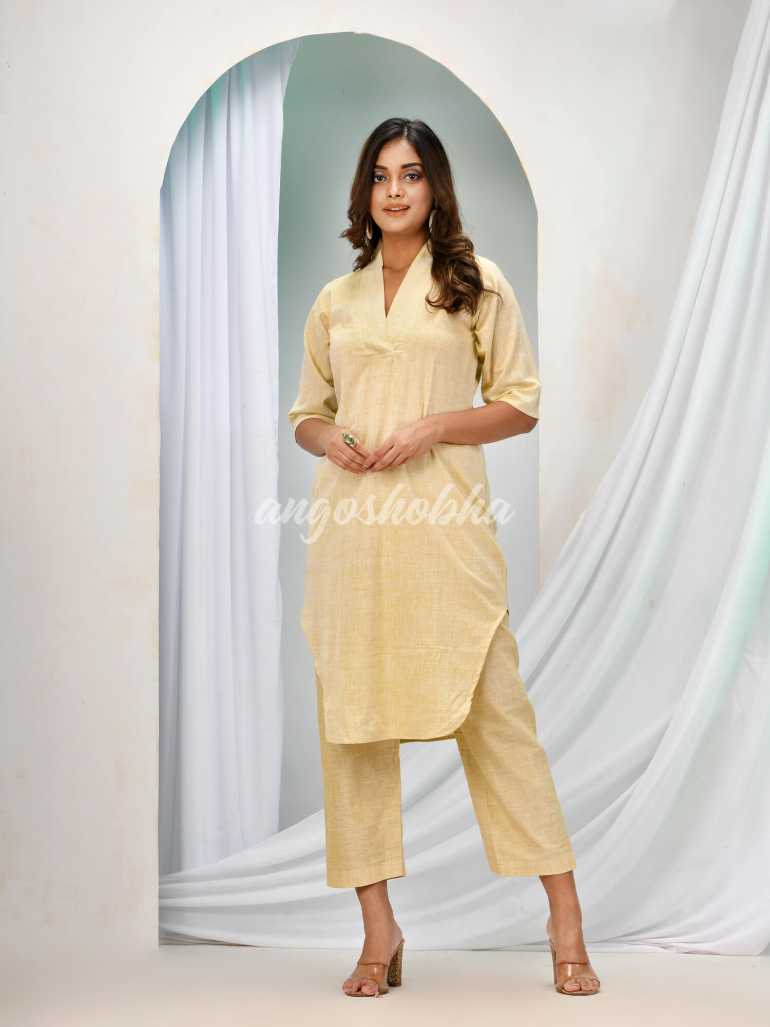 Beige Cotton Bengal Handwoven Kurta Set