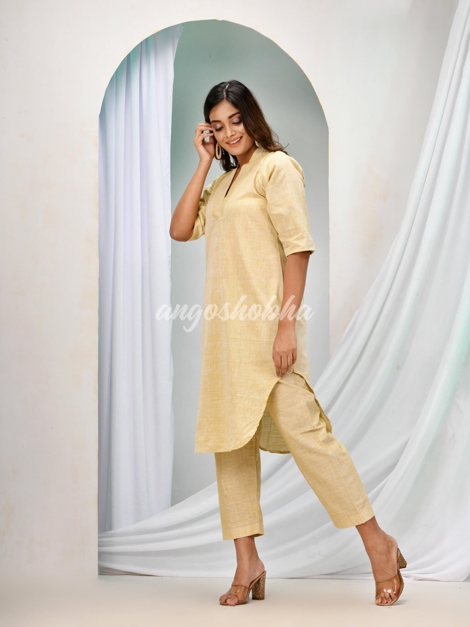Beige Cotton Bengal Handwoven Kurta Set