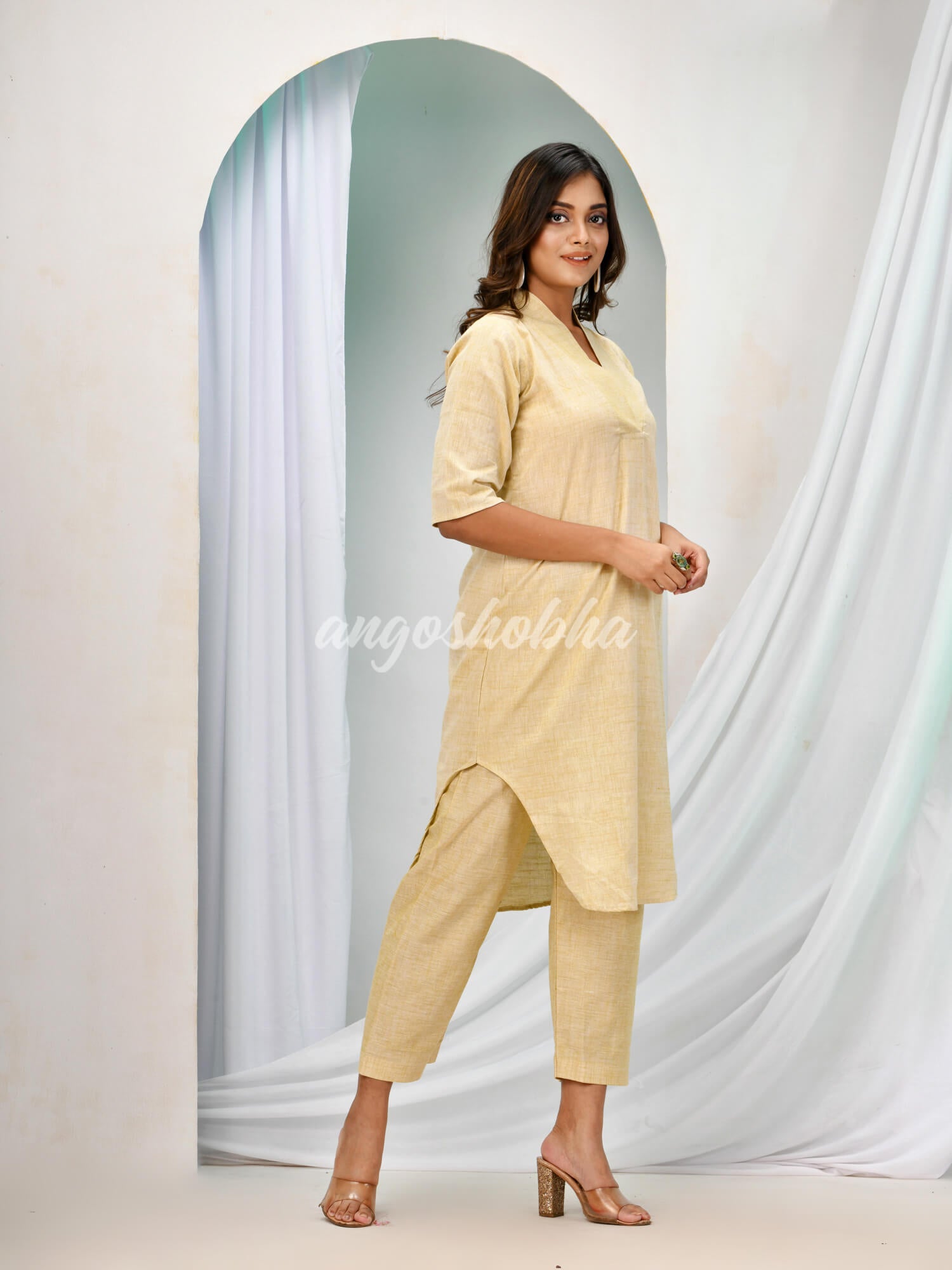Beige Cotton Bengal Handwoven Kurta Set