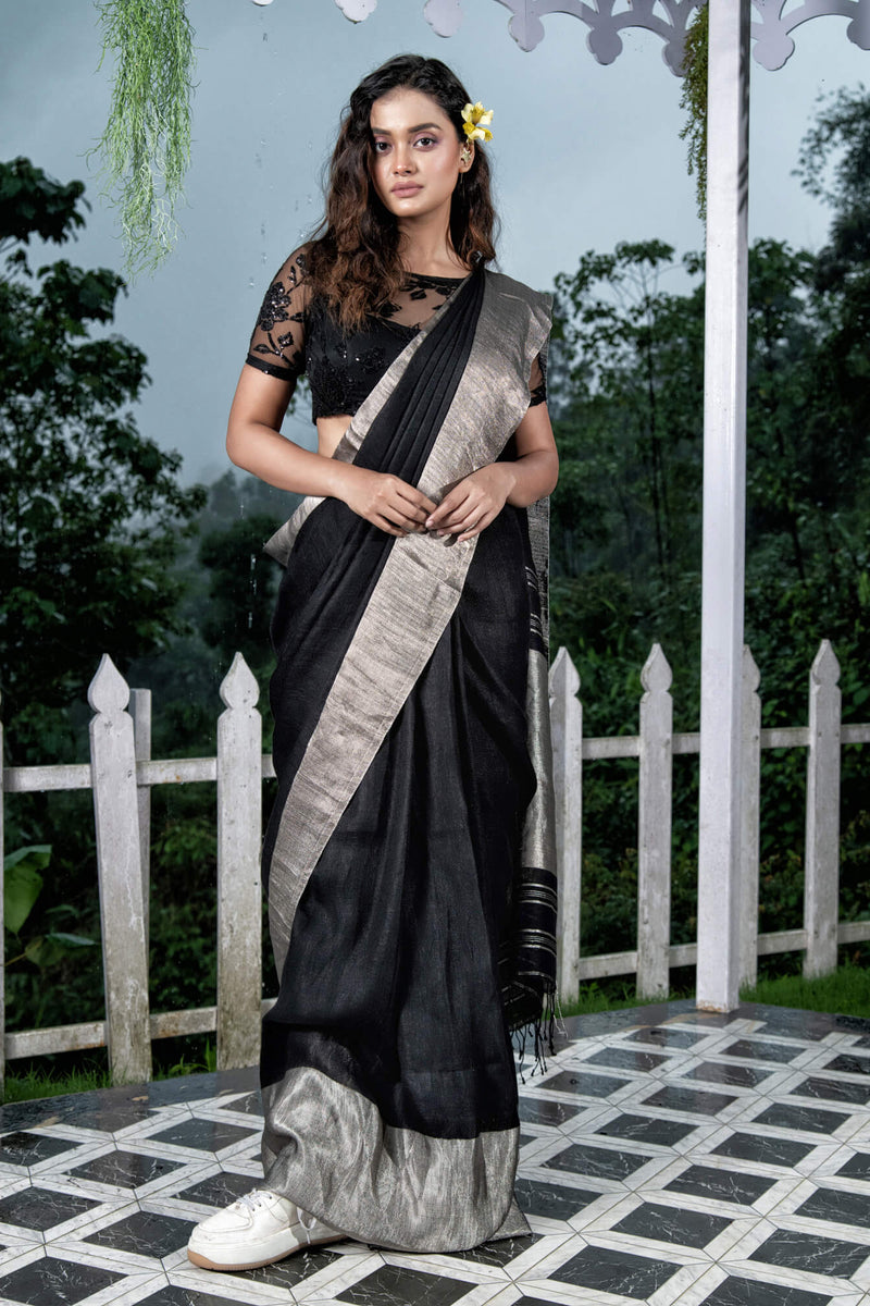 BlackTraditional Handloom Linen Saree