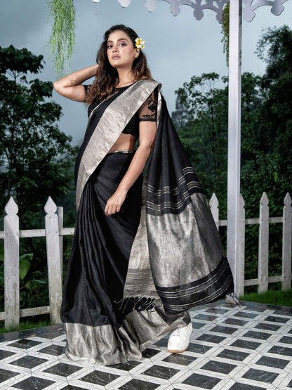 BlackTraditional Handloom Linen Saree