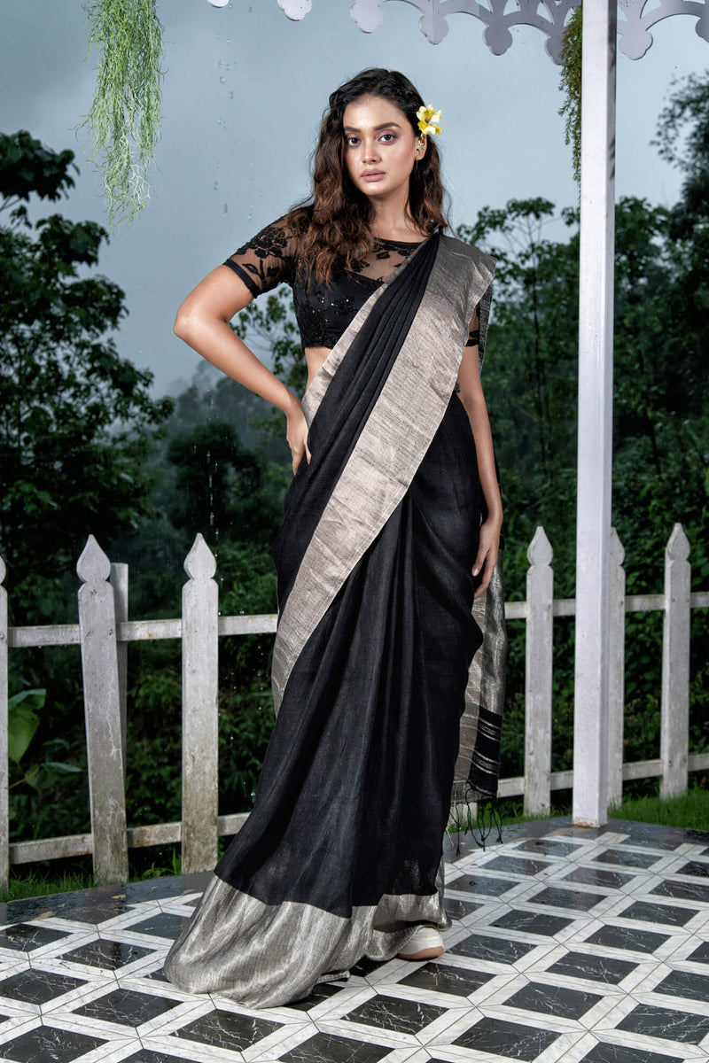 BlackTraditional Handloom Linen Saree