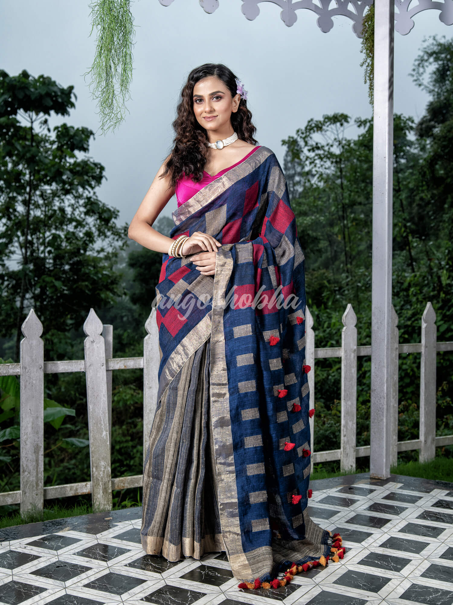 Blue Linen Body with Red & Beige Box Design Bronze Border Multi Color Tassels Pallu Handwoven Saree