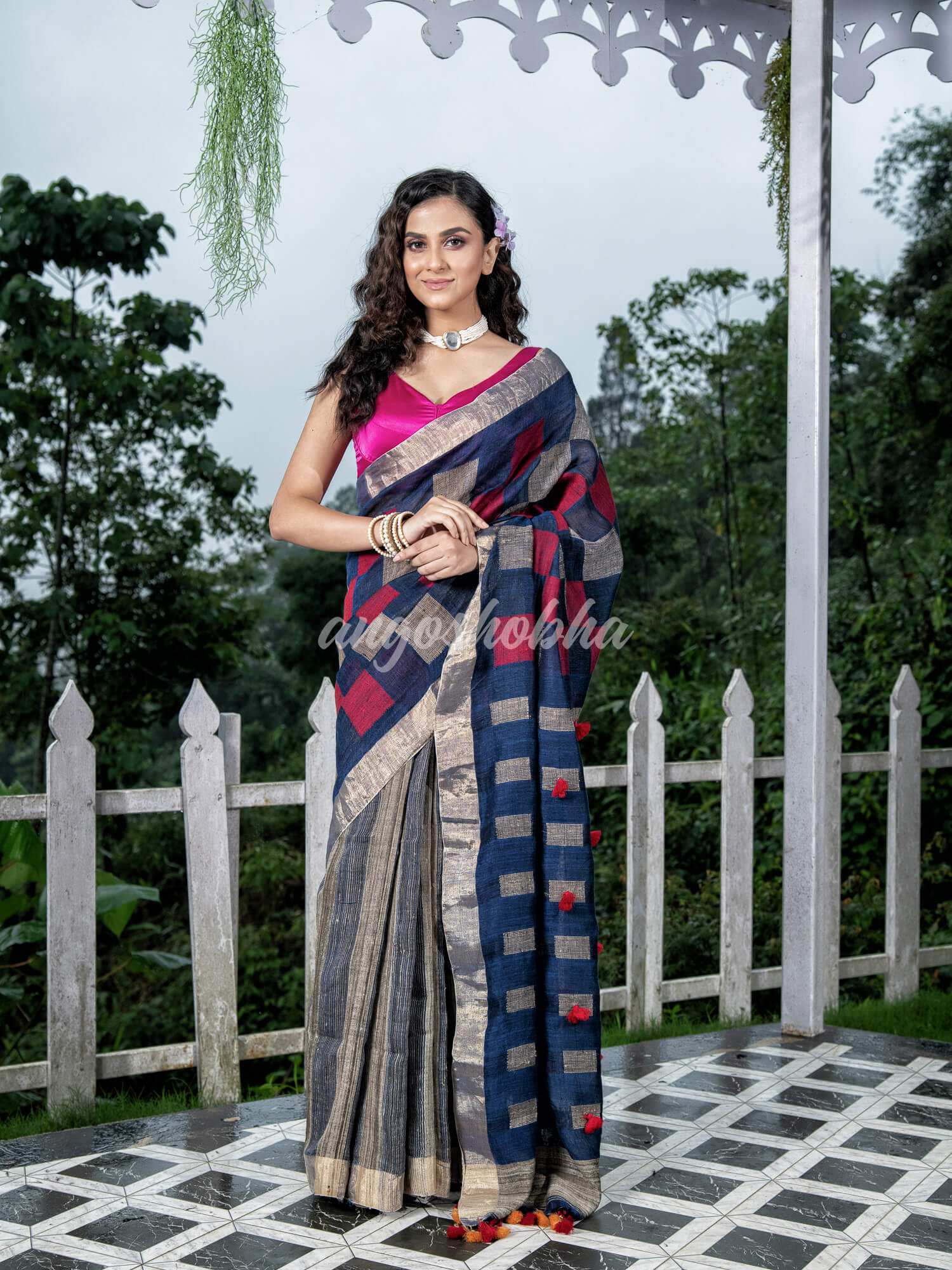 Blue Linen Body with Red & Beige Box Design Bronze Border Multi Color Tassels Pallu Handwoven Saree
