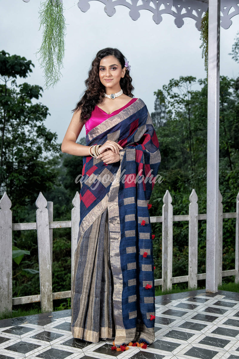 Blue Linen Body with Red & Beige Box Design Bronze Border Multi Color Tassels Pallu Handwoven Saree