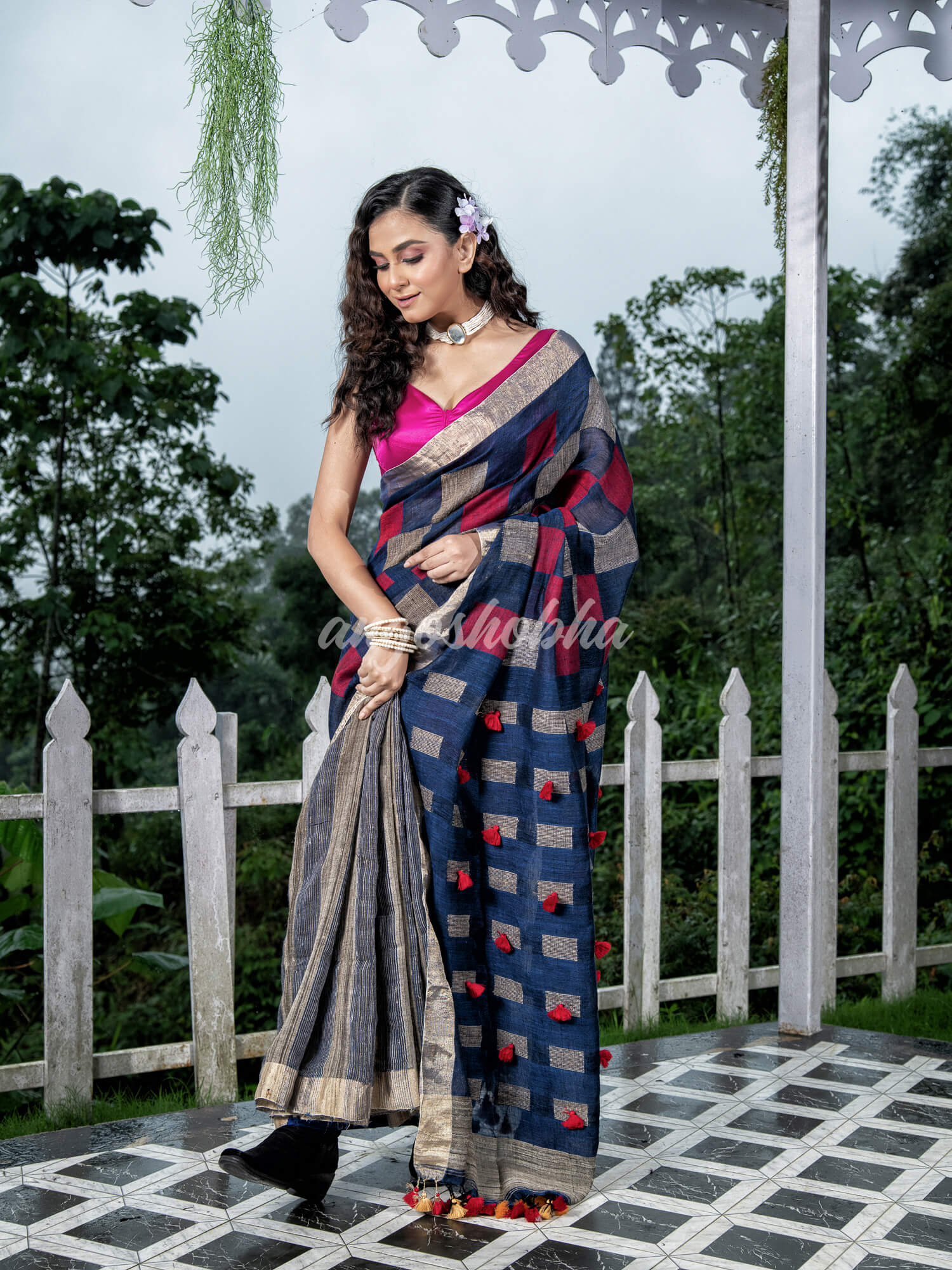 Blue Linen Body with Red & Beige Box Design Bronze Border Multi Color Tassels Pallu Handwoven Saree
