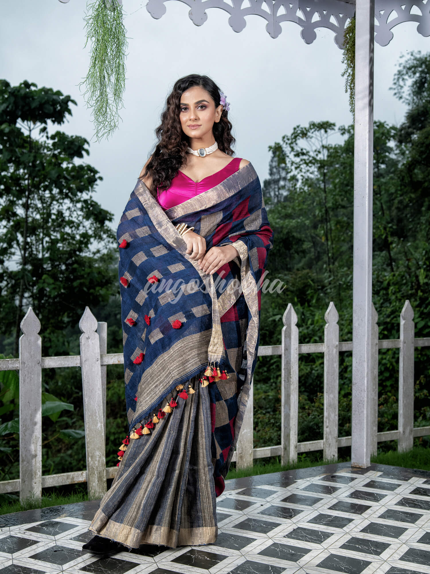 Blue Linen Body with Red & Beige Box Design Bronze Border Multi Color Tassels Pallu Handwoven Saree