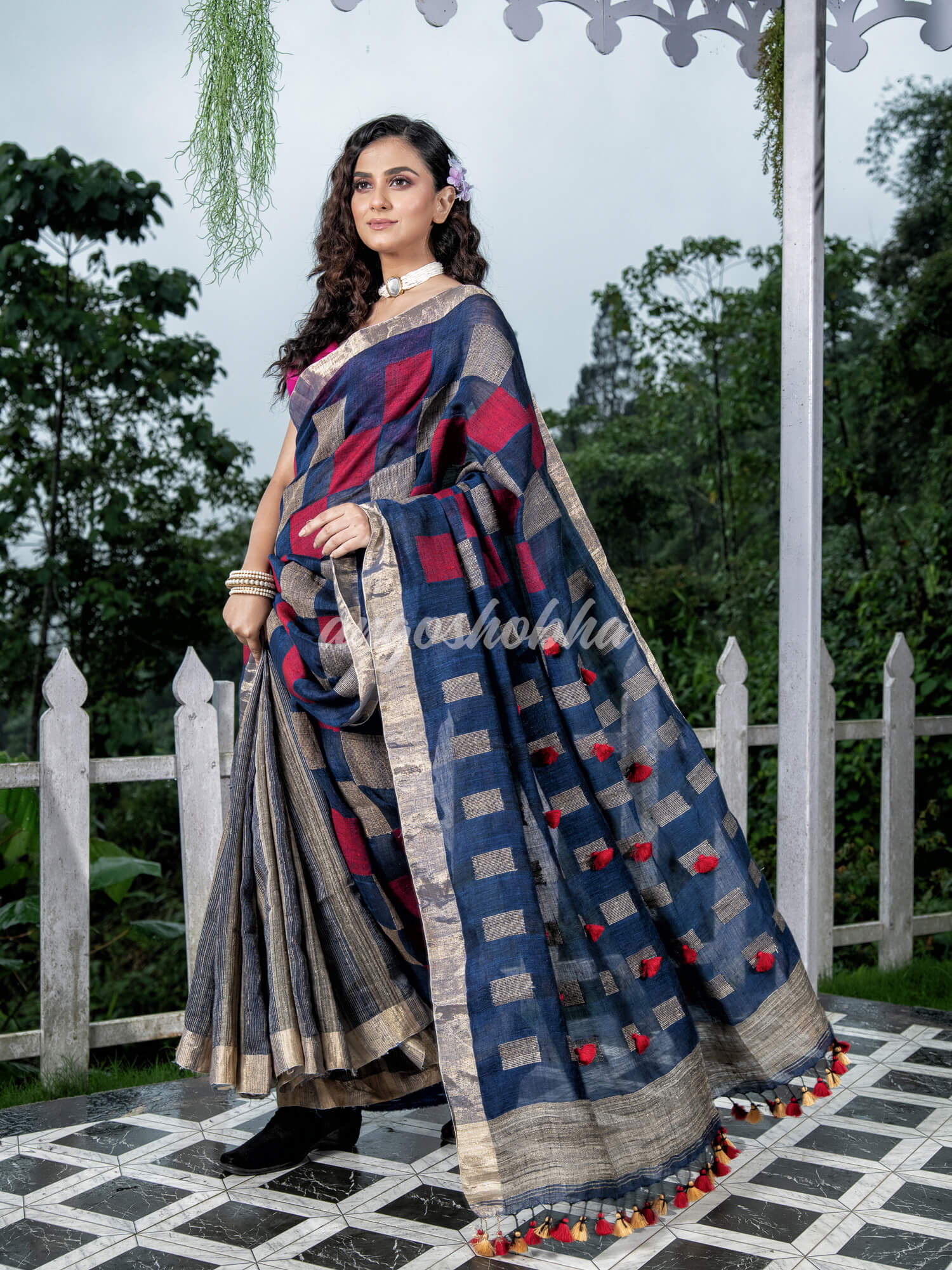 Blue Linen Body with Red & Beige Box Design Bronze Border Multi Color Tassels Pallu Handwoven Saree