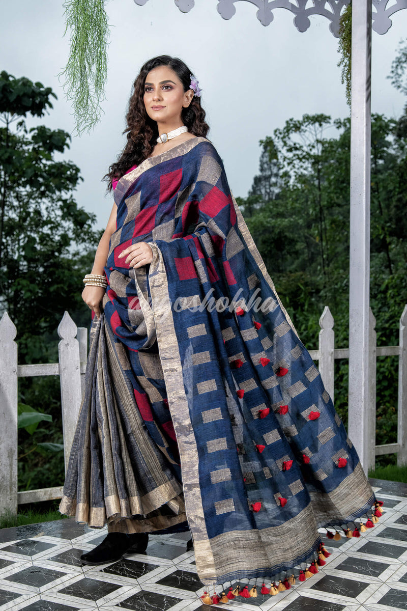 Blue Linen Body with Red & Beige Box Design Bronze Border Multi Color Tassels Pallu Handwoven Saree