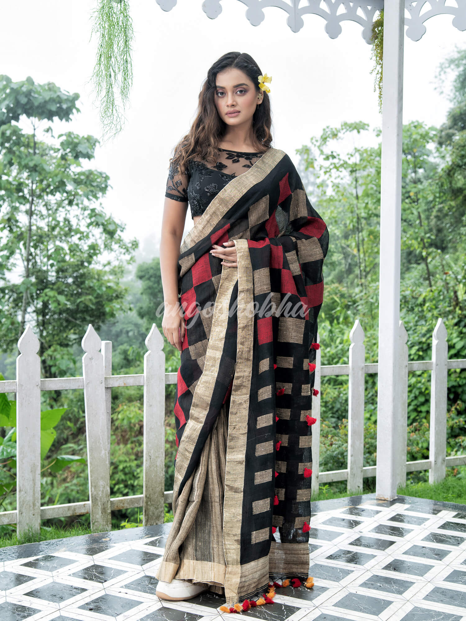 Black  Linen Body with Red & Beige Box Design Bronze Border Multi Color Tassels Pallu Handwoven Saree