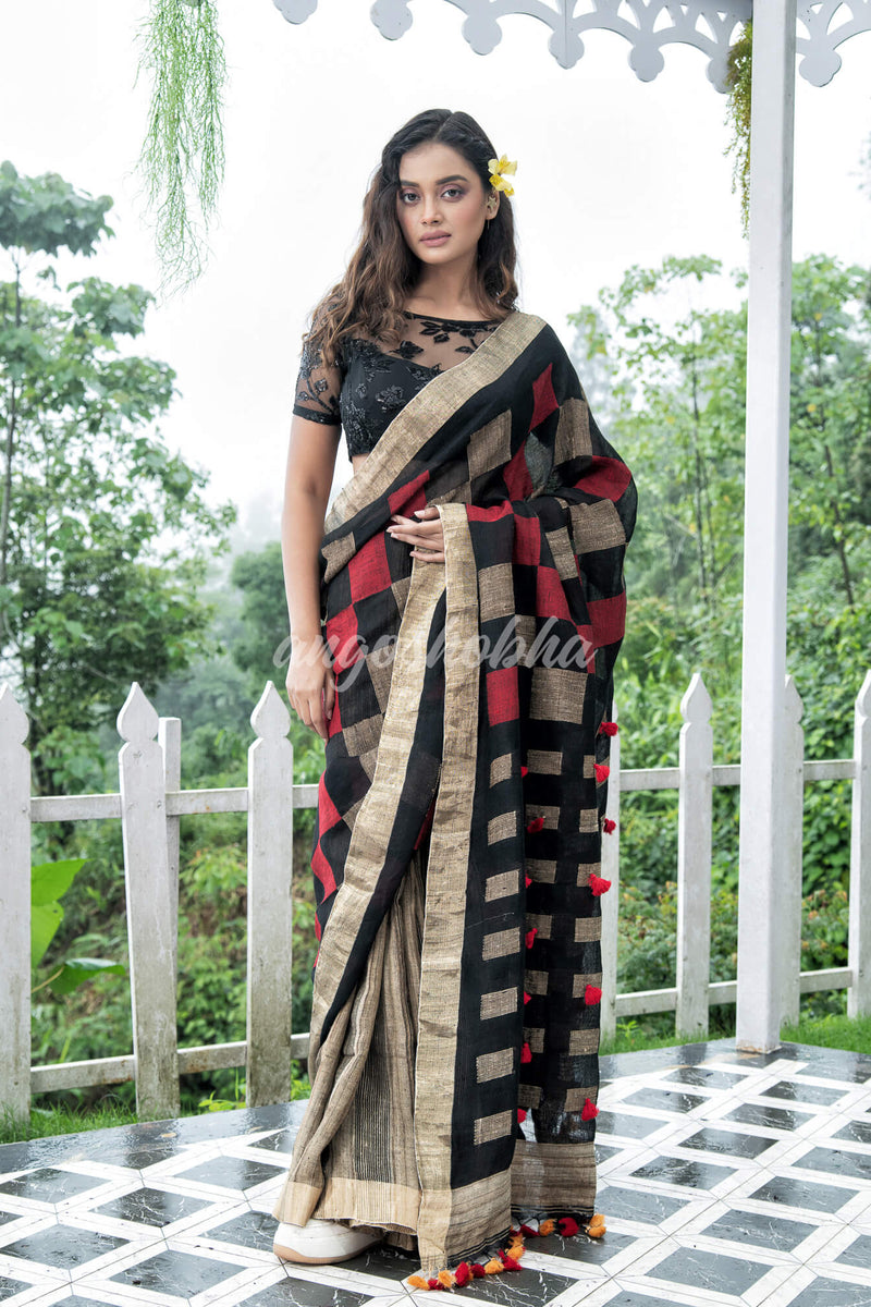 Black  Linen Body with Red & Beige Box Design Bronze Border Multi Color Tassels Pallu Handwoven Saree