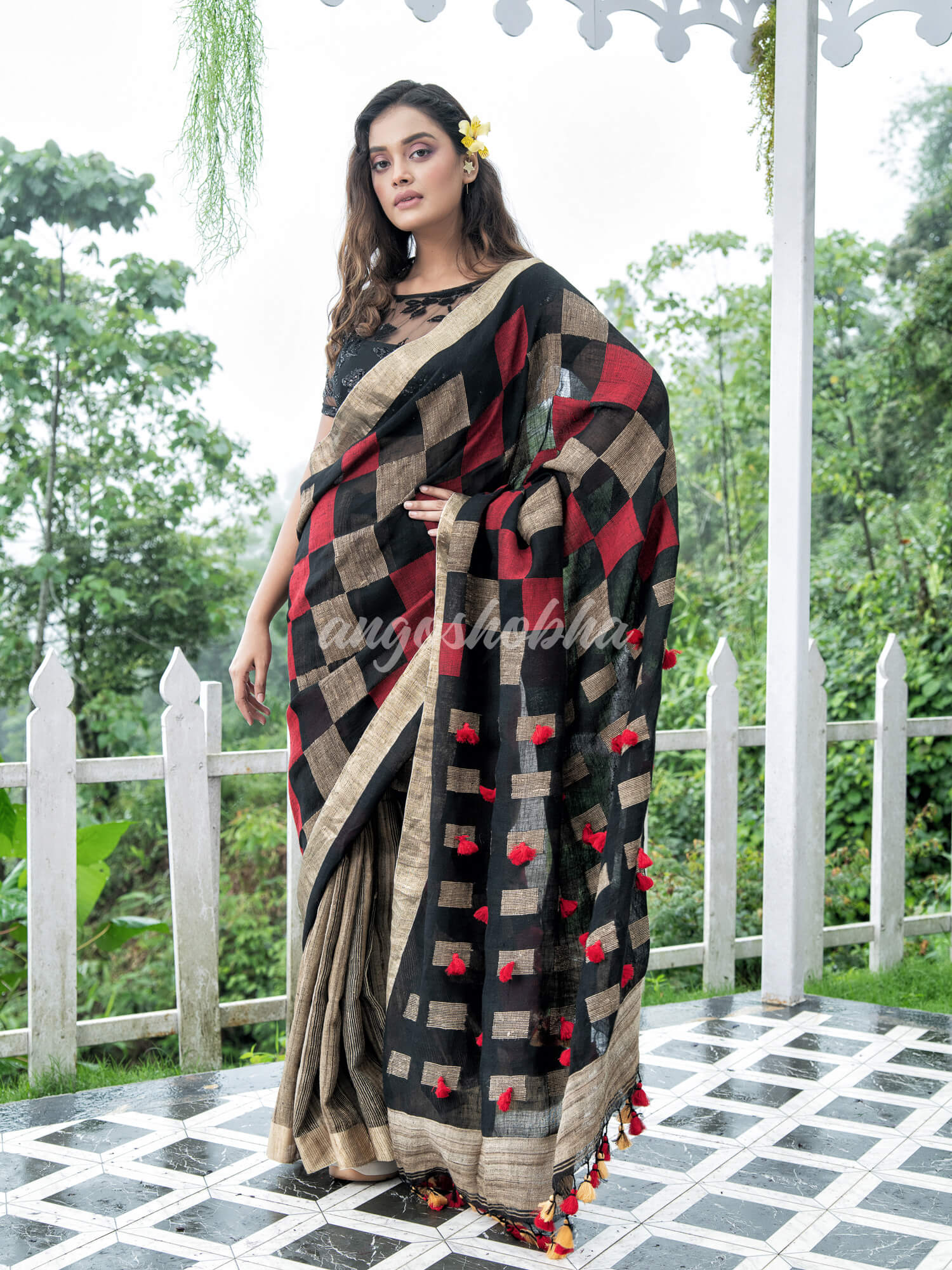 Black  Linen Body with Red & Beige Box Design Bronze Border Multi Color Tassels Pallu Handwoven Saree