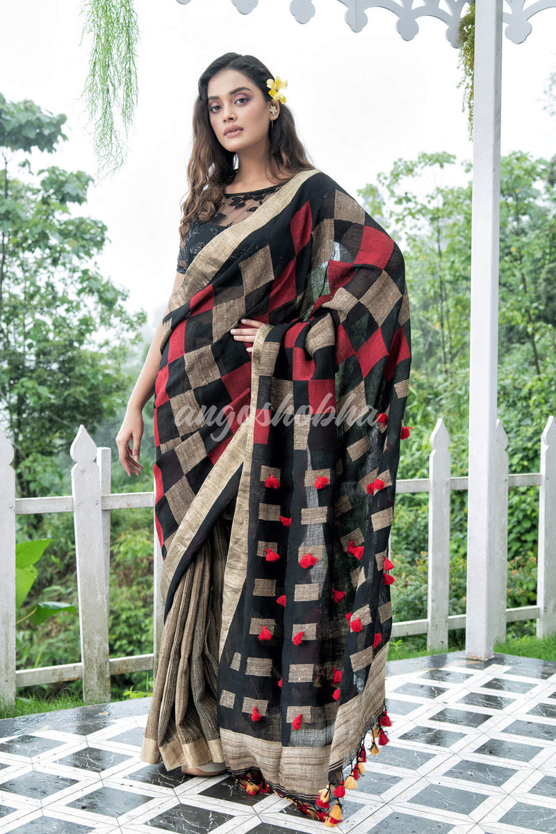 Black  Linen Body with Red & Beige Box Design Bronze Border Multi Color Tassels Pallu Handwoven Saree