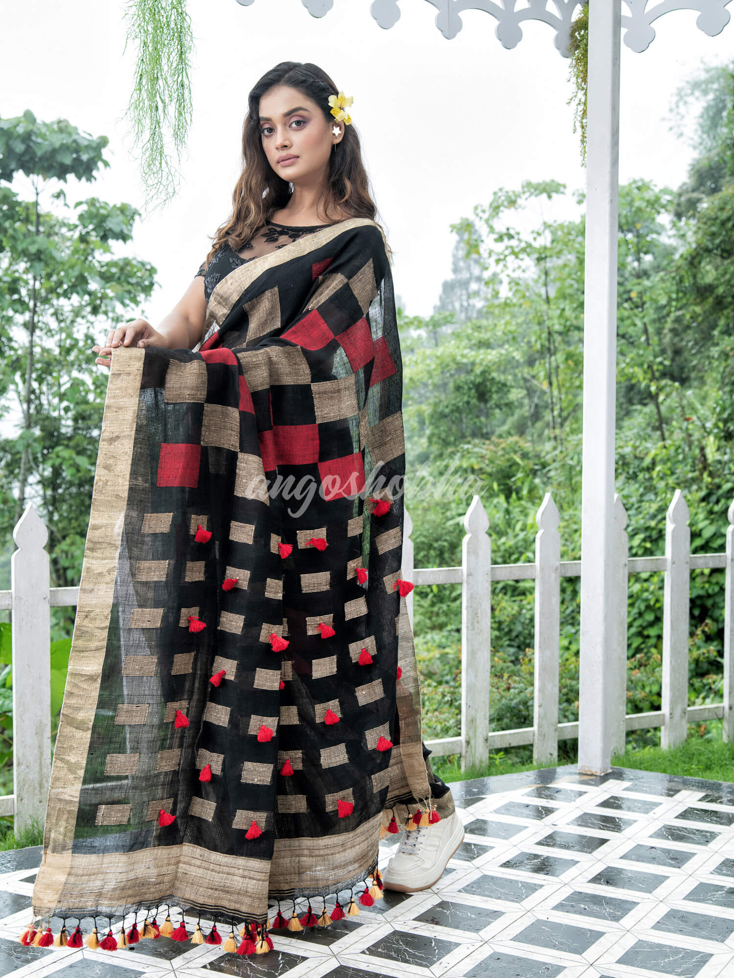 Black  Linen Body with Red & Beige Box Design Bronze Border Multi Color Tassels Pallu Handwoven Saree