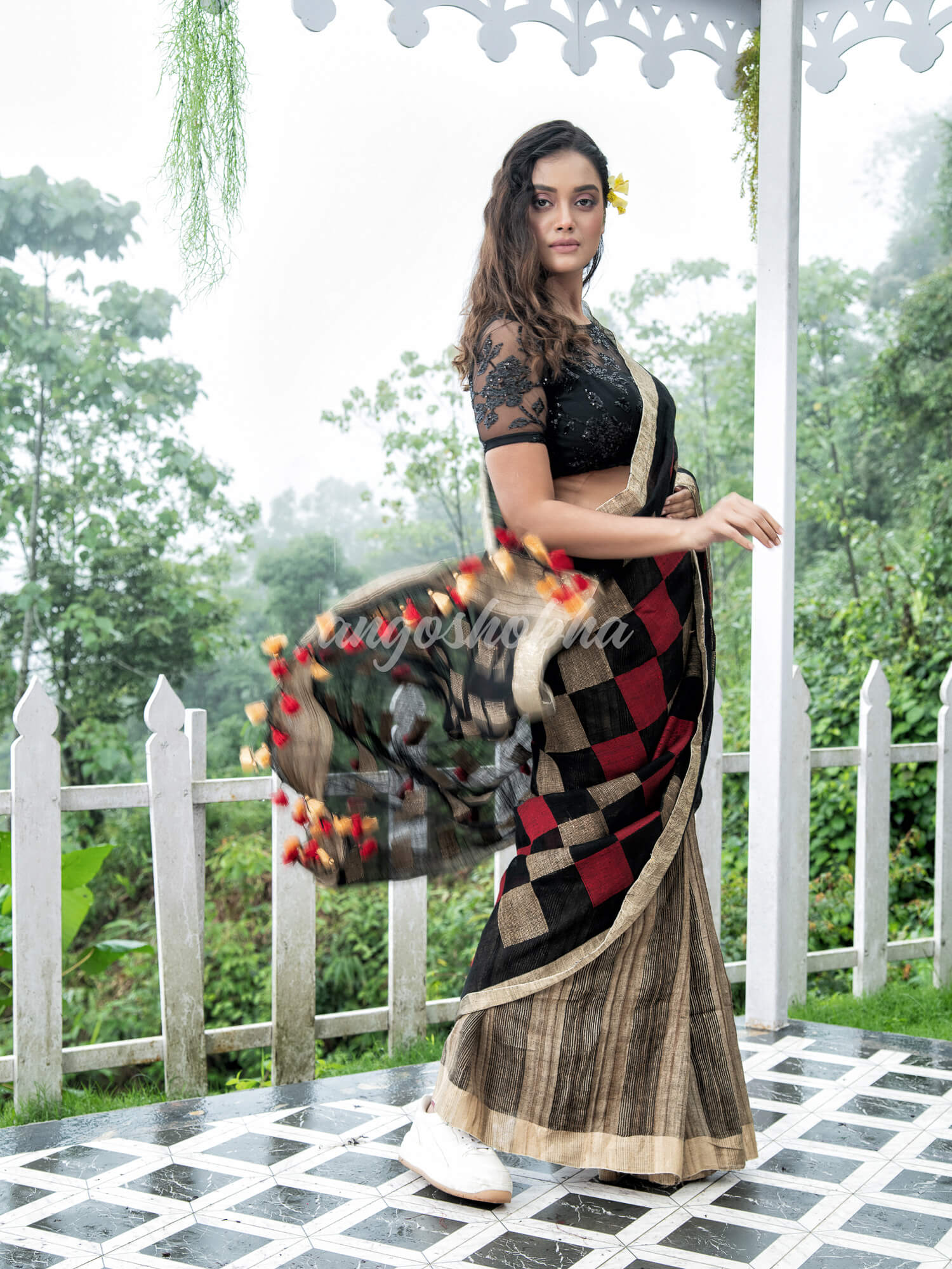 Black  Linen Body with Red & Beige Box Design Bronze Border Multi Color Tassels Pallu Handwoven Saree