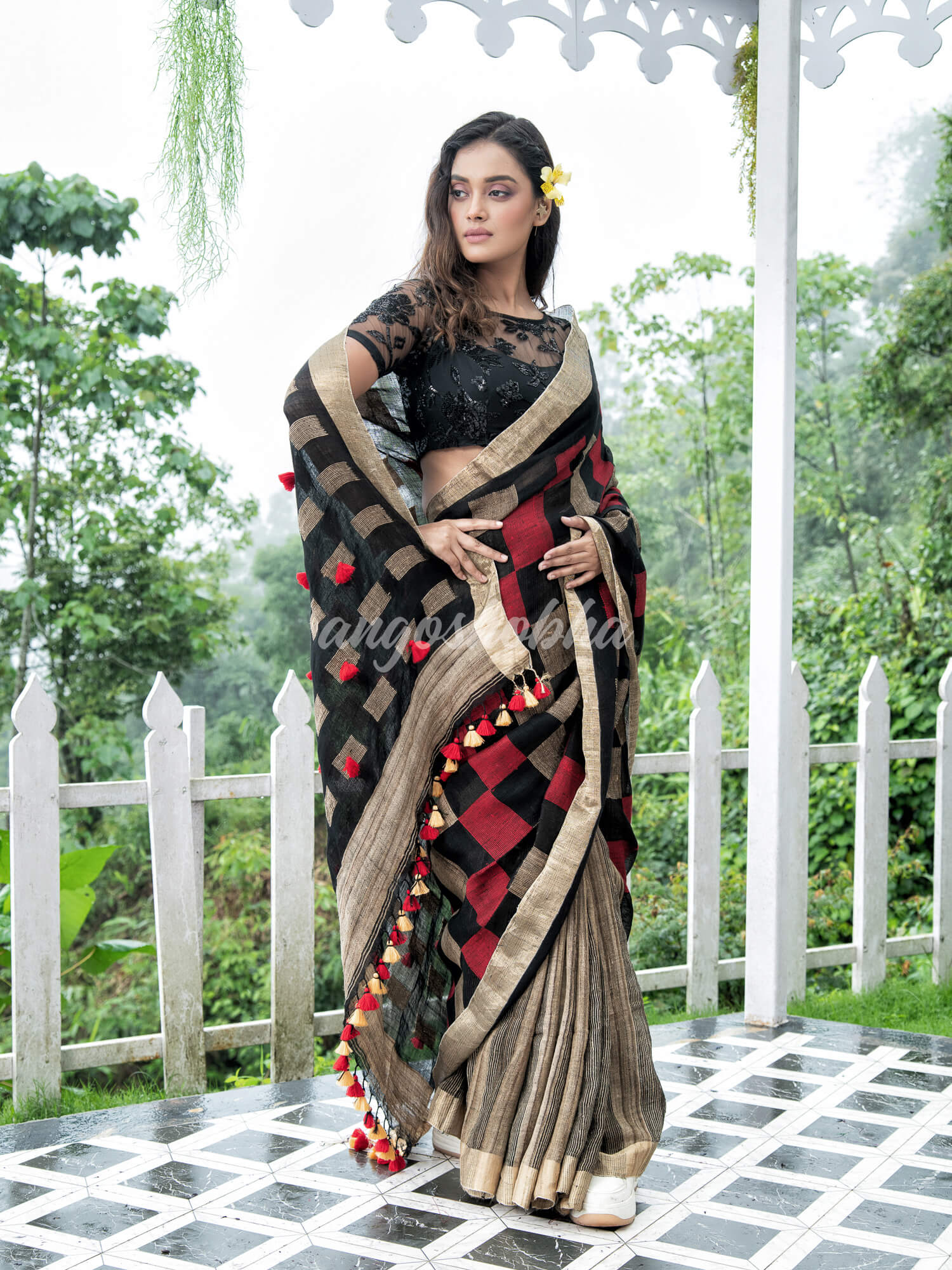 Black  Linen Body with Red & Beige Box Design Bronze Border Multi Color Tassels Pallu Handwoven Saree