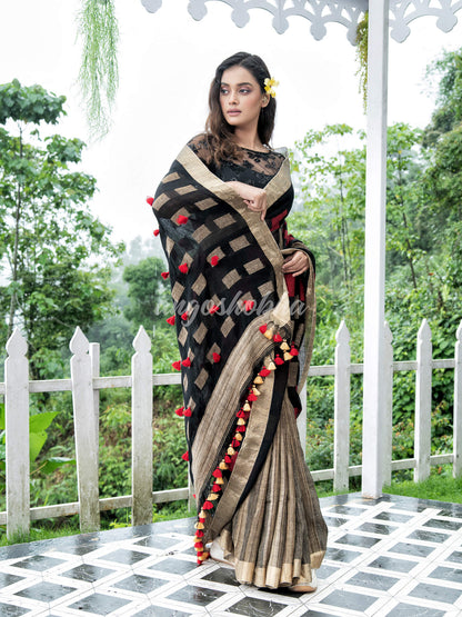 Black  Linen Body with Red & Beige Box Design Bronze Border Multi Color Tassels Pallu Handwoven Saree