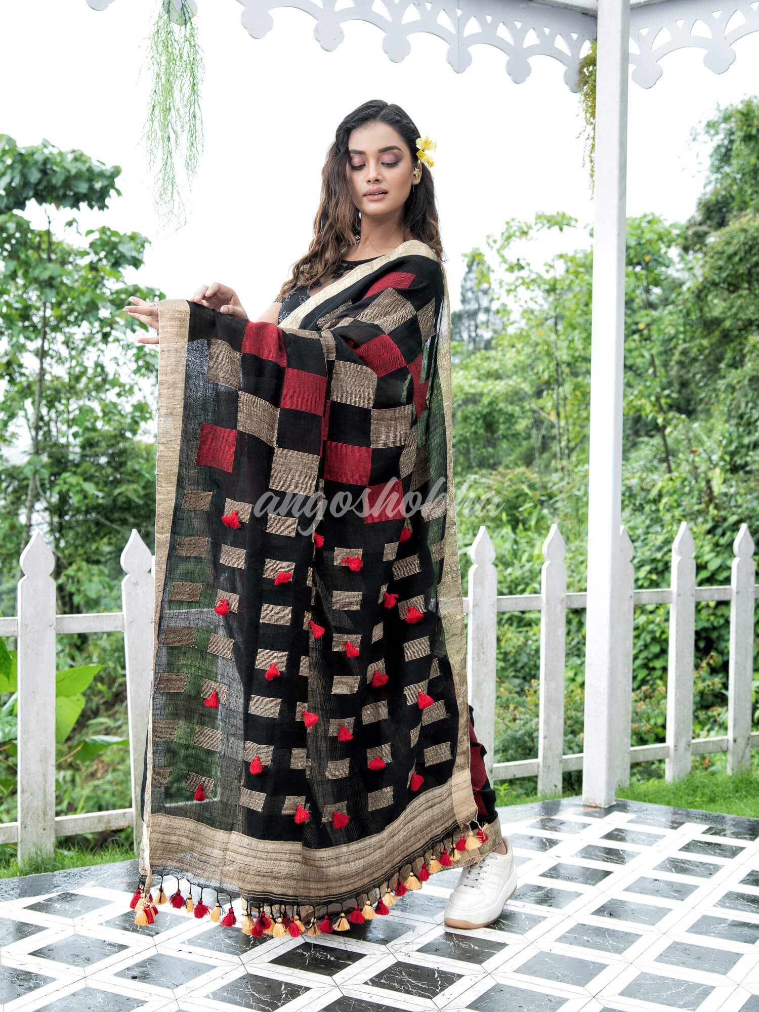 Black  Linen Body with Red & Beige Box Design Bronze Border Multi Color Tassels Pallu Handwoven Saree