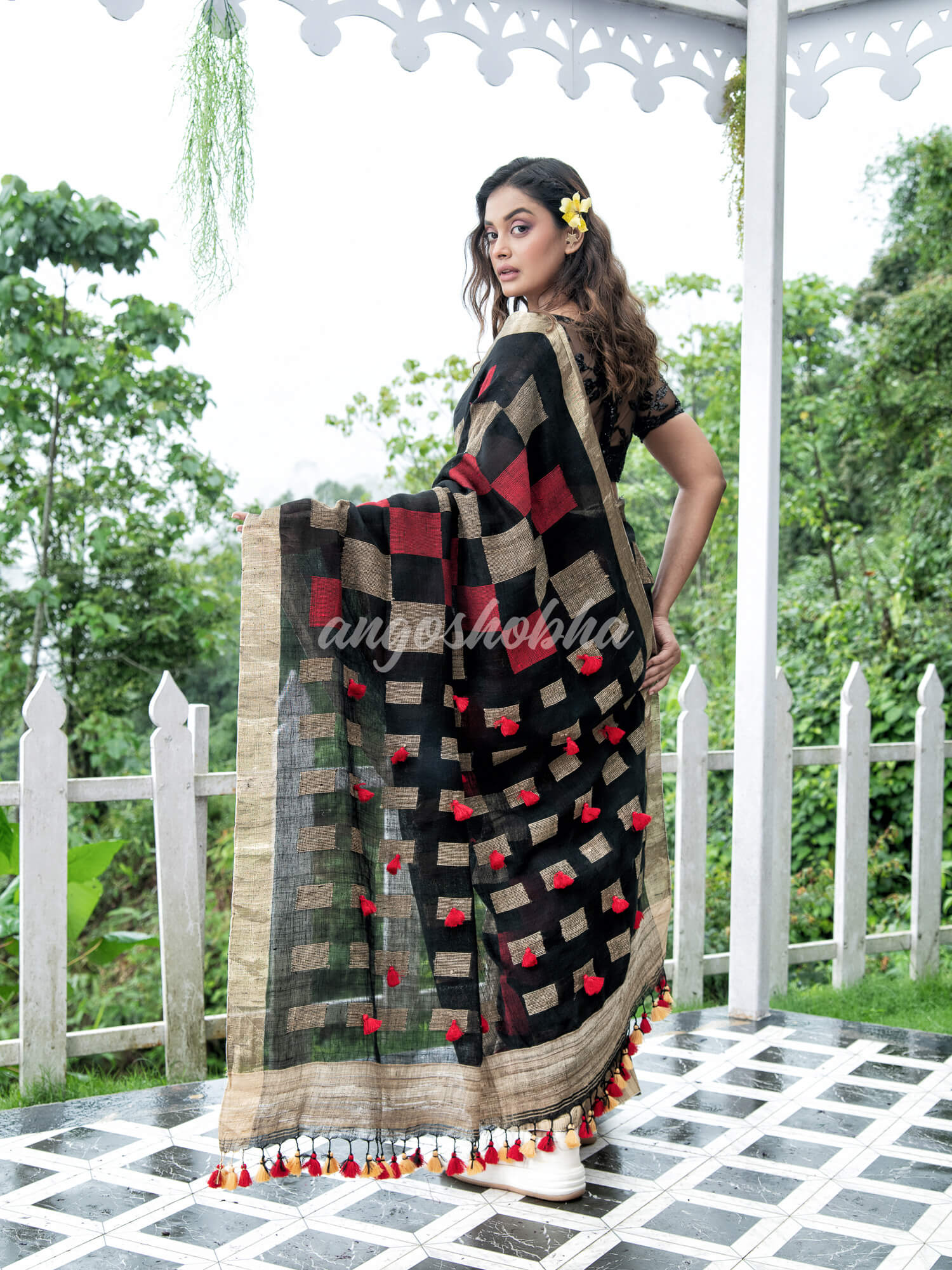Black  Linen Body with Red & Beige Box Design Bronze Border Multi Color Tassels Pallu Handwoven Saree