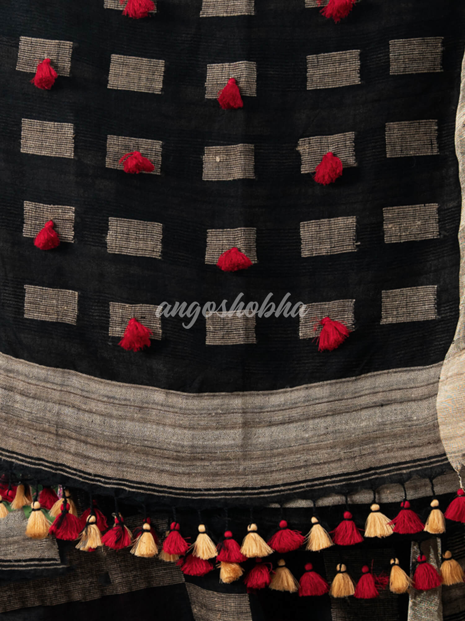 Black  Linen Body with Red & Beige Box Design Bronze Border Multi Color Tassels Pallu Handwoven Saree