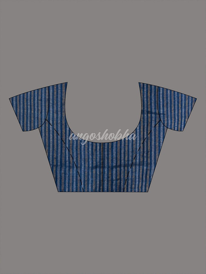 Blue Body Synchronised with Jamdani Design Golden & Silver Stripes Pallu Ribbon Border Handwoven Saree