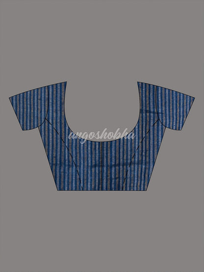 Blue Body Synchronised with Jamdani Design Golden & Silver Stripes Pallu Ribbon Border Handwoven Saree